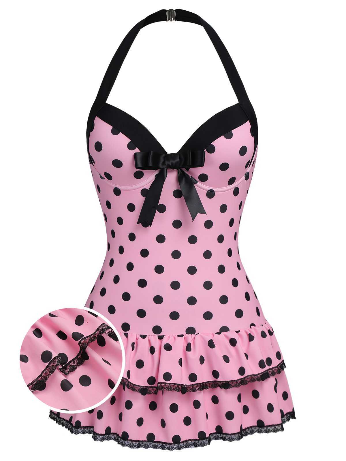Black 1940s Halter Polka Dots Bow One-Piece Swimsuit