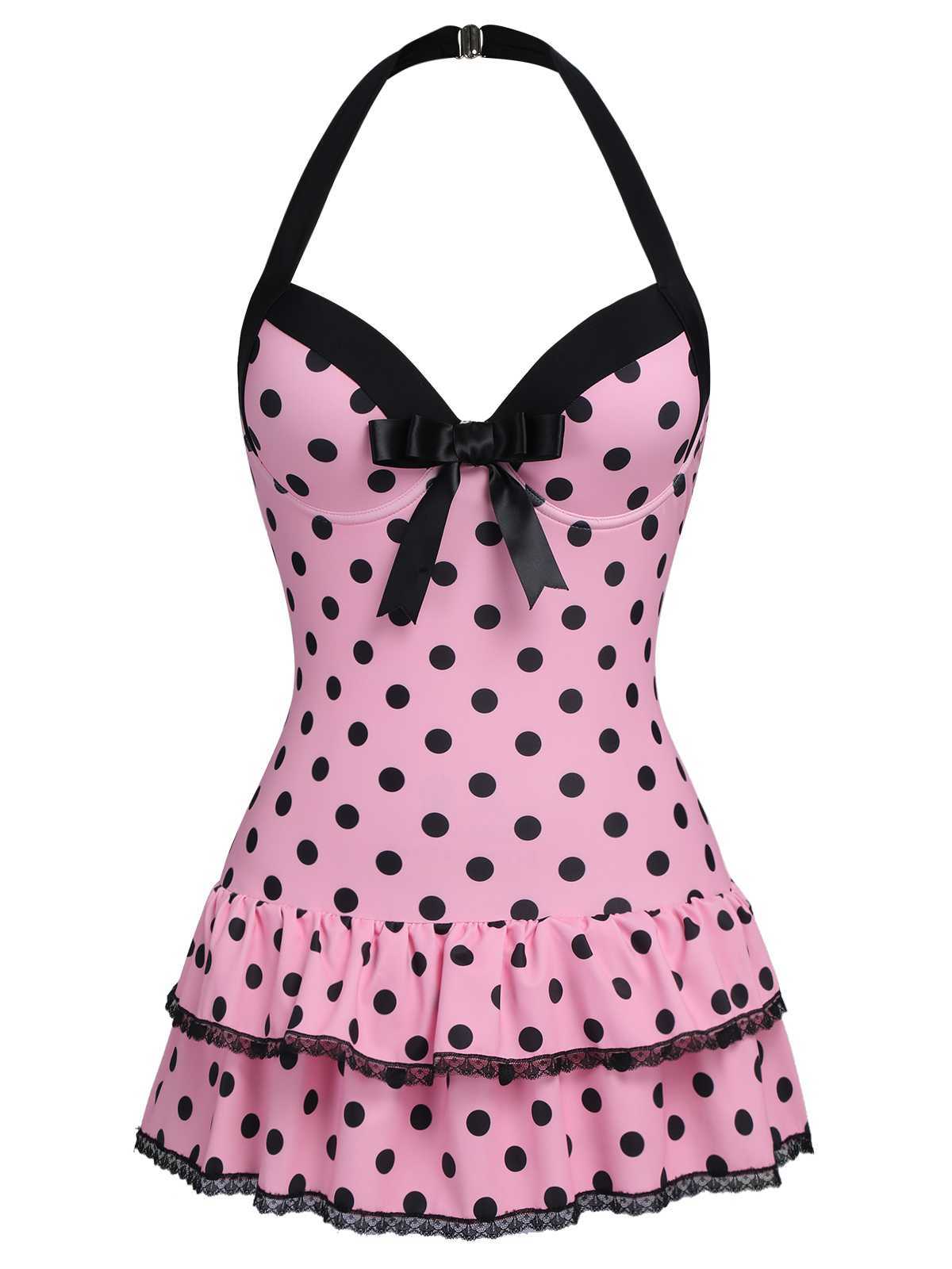 Black 1940s Halter Polka Dots Bow One-Piece Swimsuit
