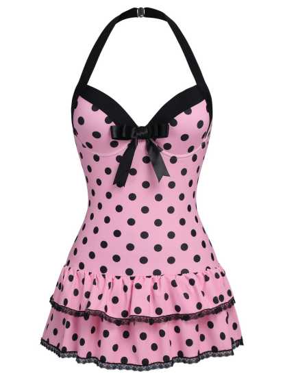 Black 1940s Halter Polka Dots Bow One-Piece Swimsuit