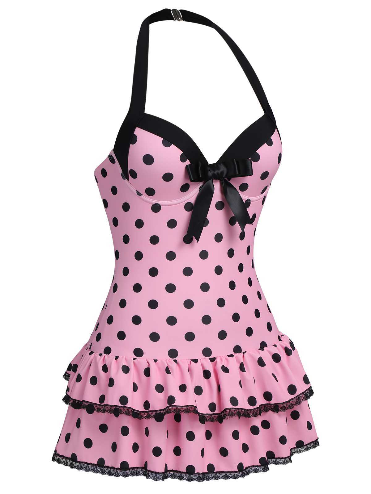 Black 1940s Halter Polka Dots Bow One-Piece Swimsuit