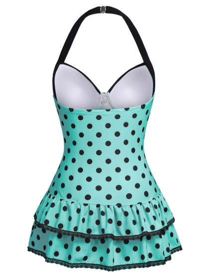 Black 1940s Halter Polka Dots Bow One-Piece Swimsuit