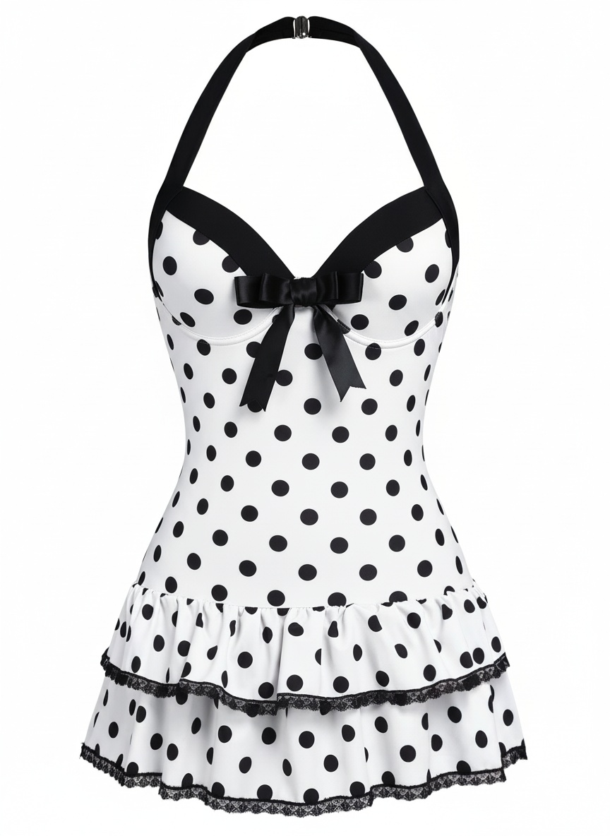 Black 1940s Halter Polka Dots Bow One-Piece Swimsuit