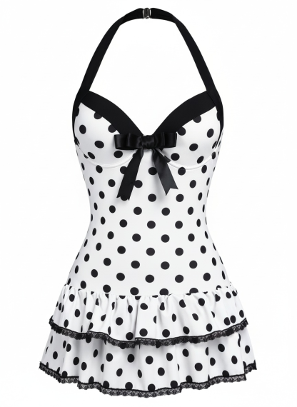 Black 1940s Halter Polka Dots Bow One-Piece Swimsuit