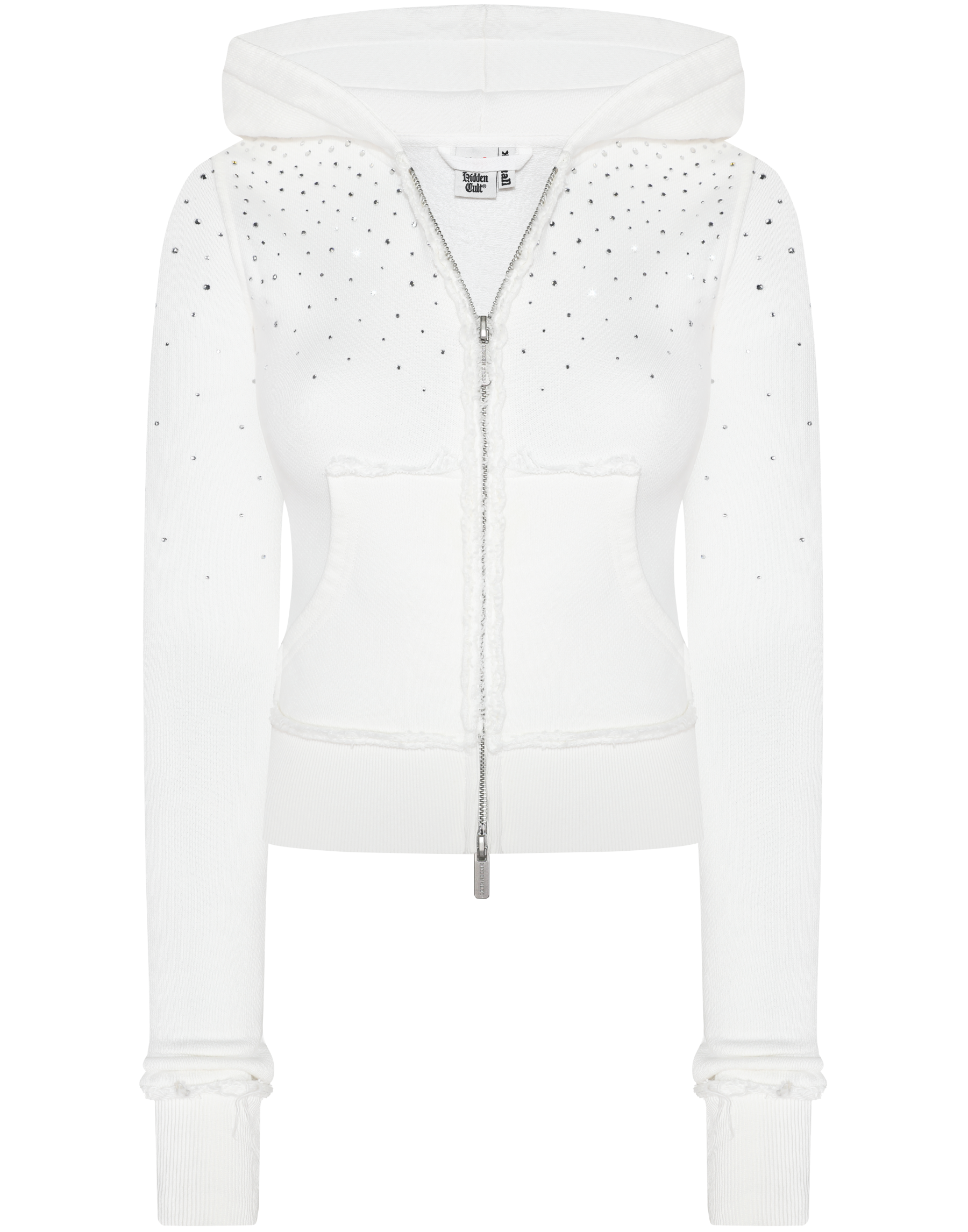 SIGN UP - Rhinestone White Fitted Zip Hoodie