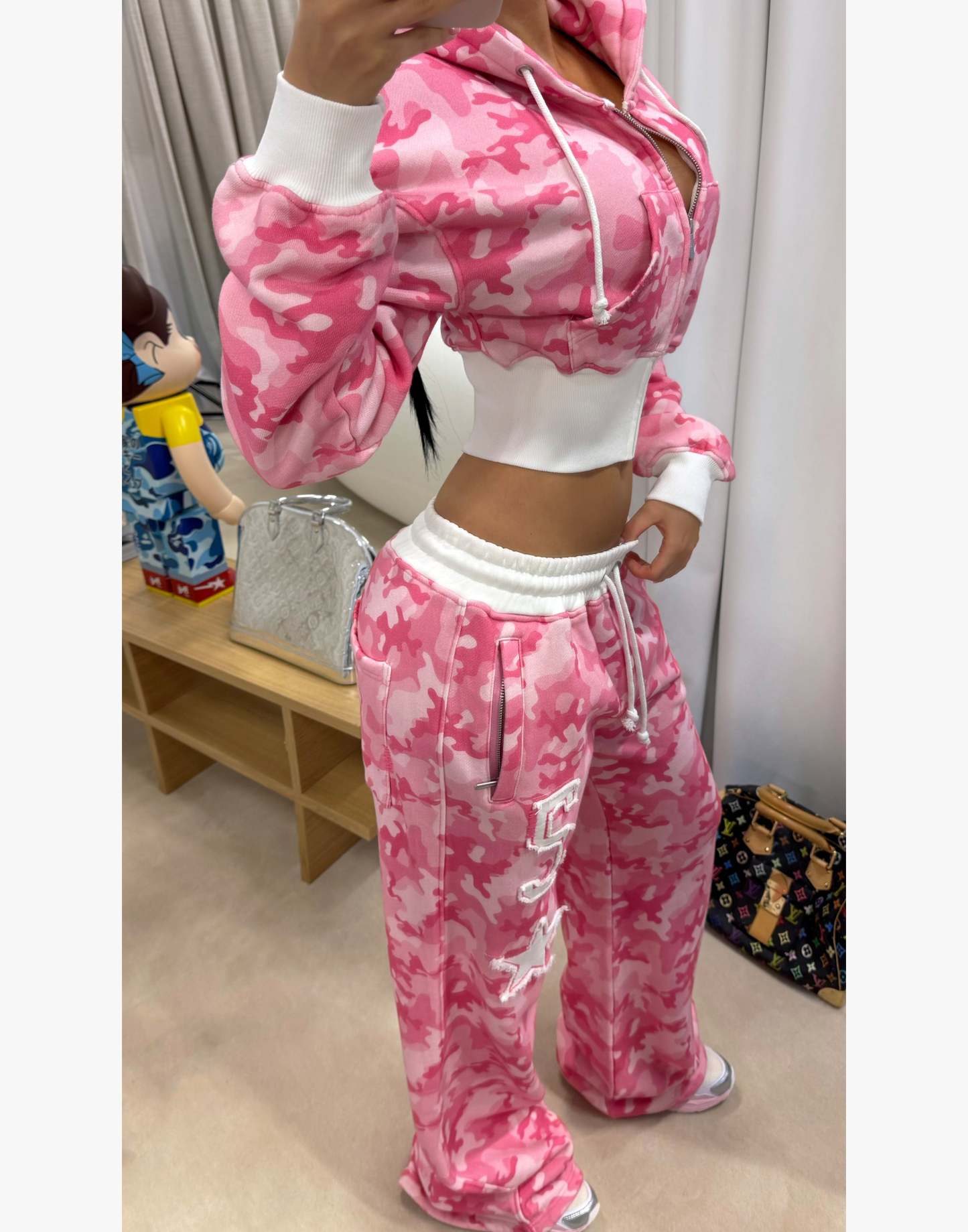 Pink Camo Baggy Cropped Zip Hoodie