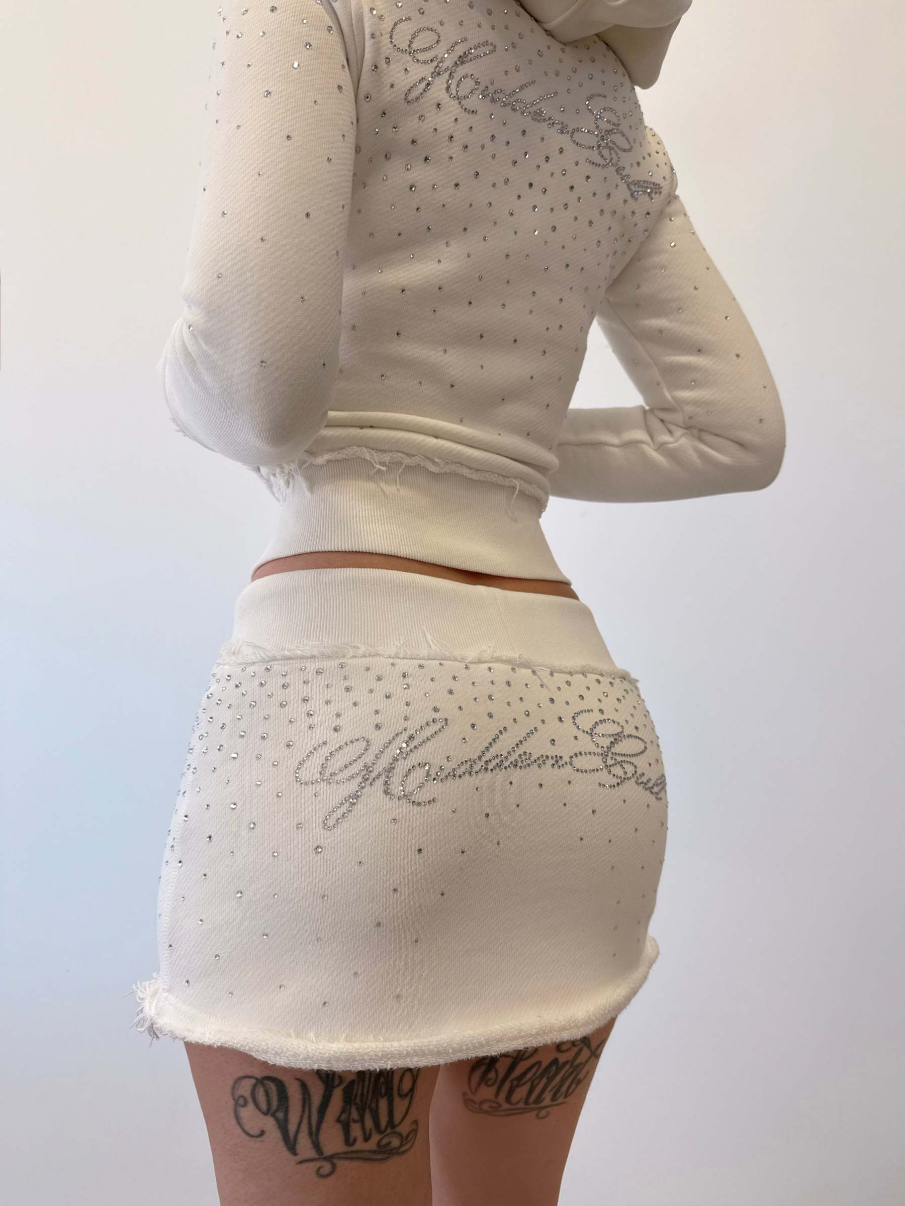 SIGN UP - Rhinestone White Fitted Zip Hoodie