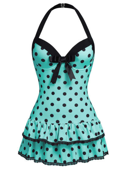 Black 1940s Halter Polka Dots Bow One-Piece Swimsuit