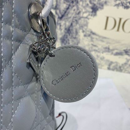 DI Medium Lady Bag Silver Hardware with Embellished Bag Strap Pearl Grey For Women 9.5in/24cm CD