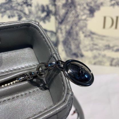 DI Medium Lady Bag Silver Hardware with Embellished Bag Strap Pearl Grey For Women 9.5in/24cm CD