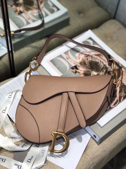 DI Warm Taupe Grained Saddle Bag Gold Toned Hardware Canvas For Women 25cm/10in CD M0446CBAA_M45M