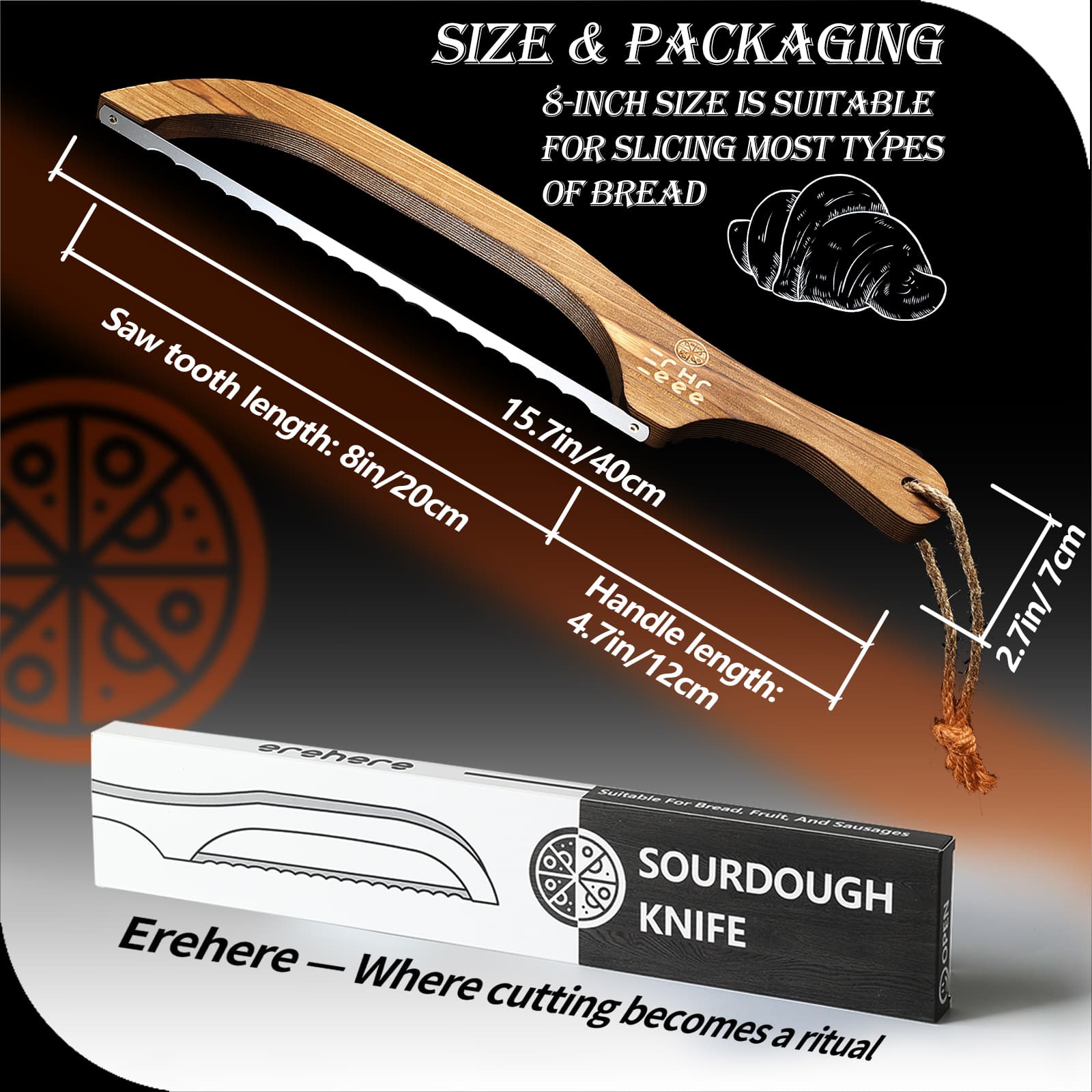 8 inch bread knife with balanced handle on cutting board