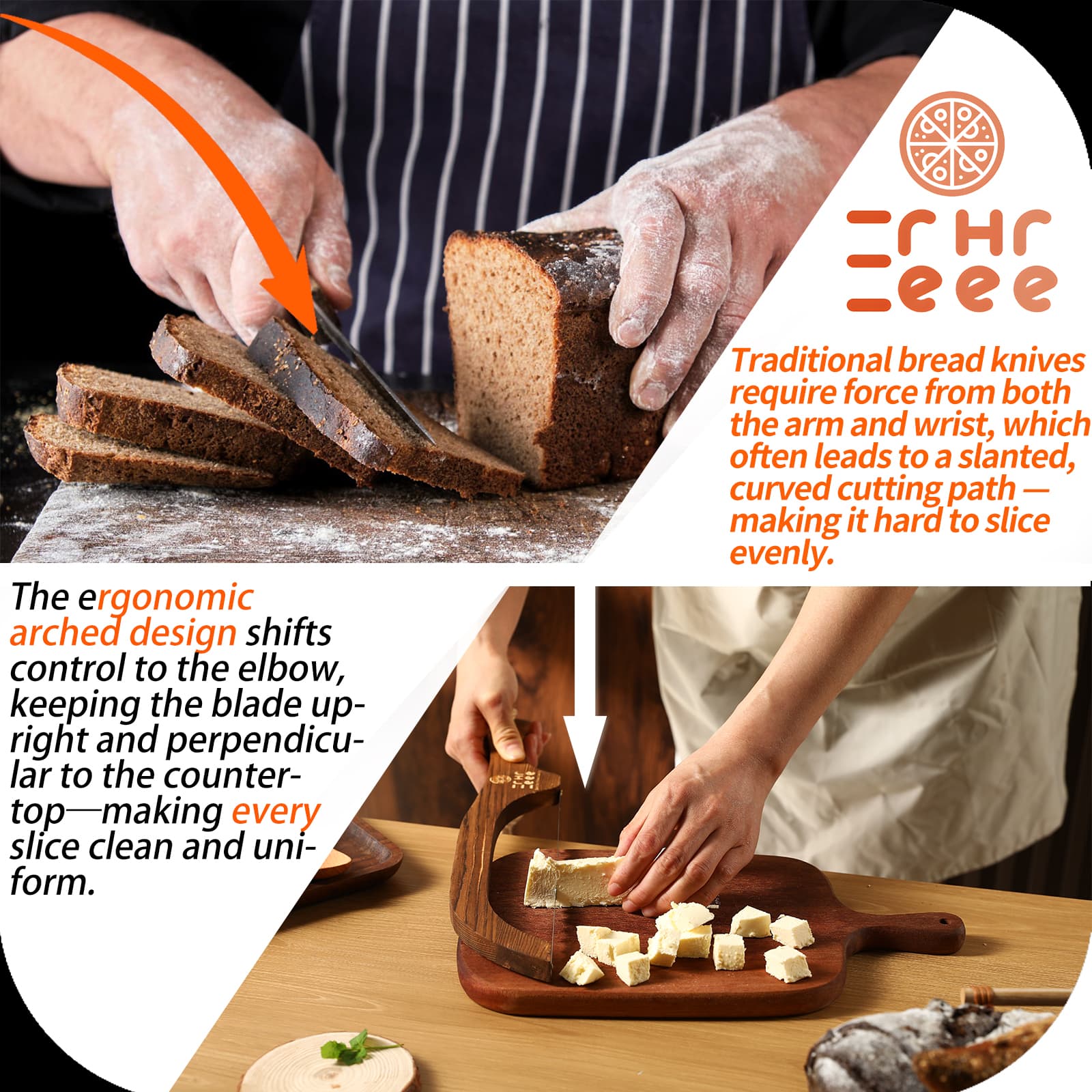serrated knife cutting through crusty bread without crushing
