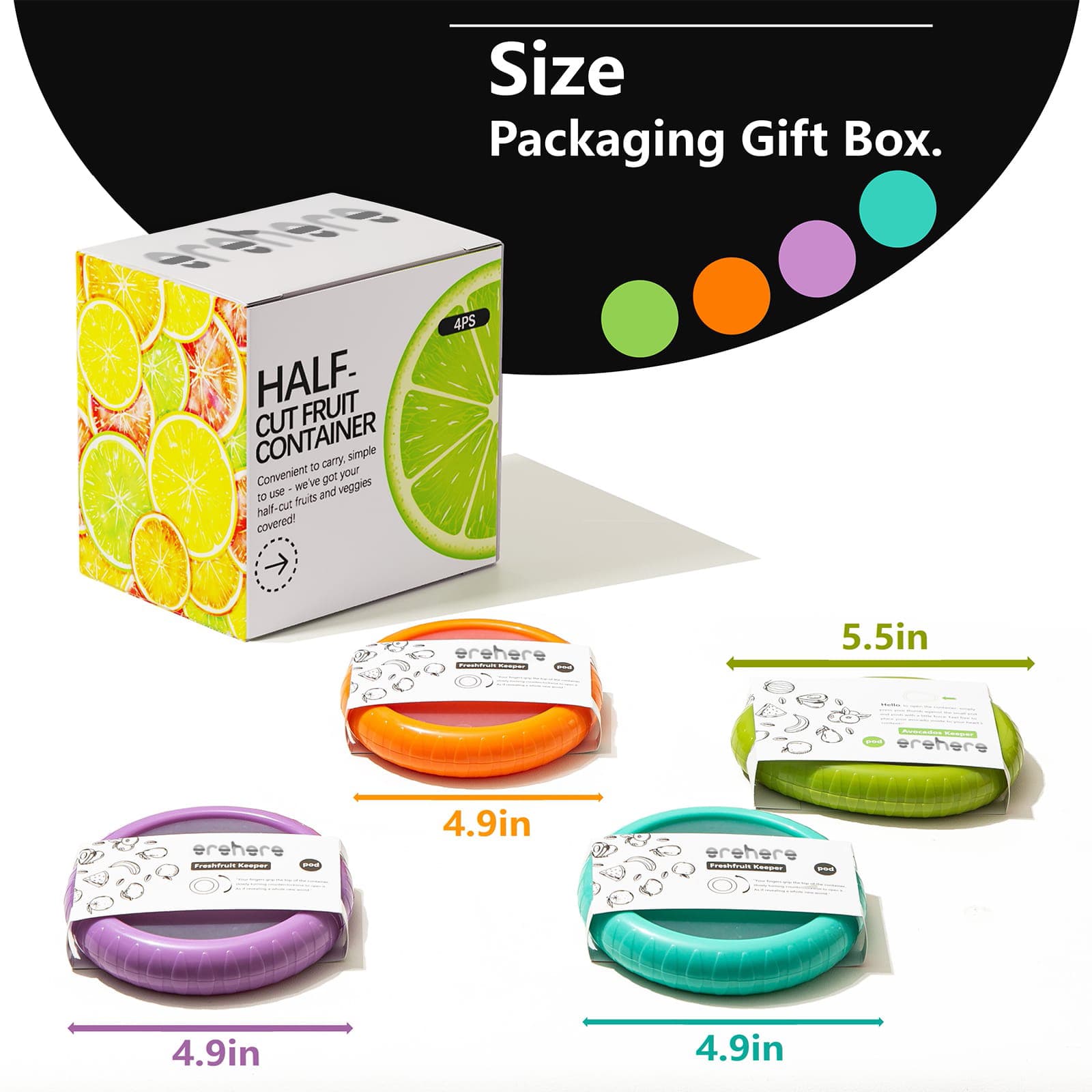 4-pack produce keeper set showing avocado saver onion keeper tomato lemon containers separately