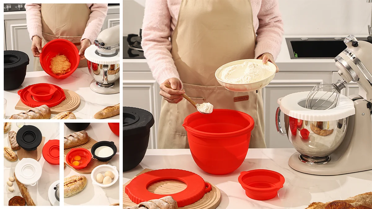 Silicone bowl liner stretched over KitchenAid Artisan bowl during cookie dough mixing, no flour escape