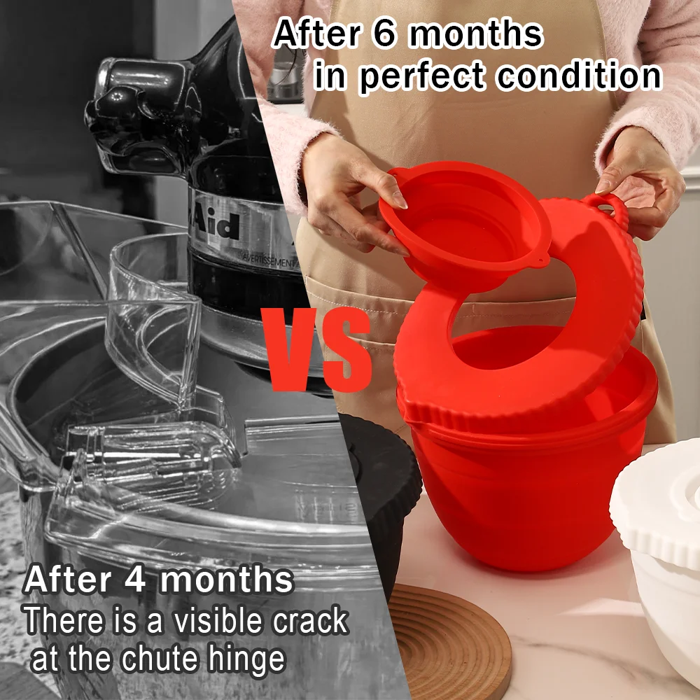 Side-by-side comparison: cracked plastic pouring shield vs intact silicone bowl liner after 6 months use