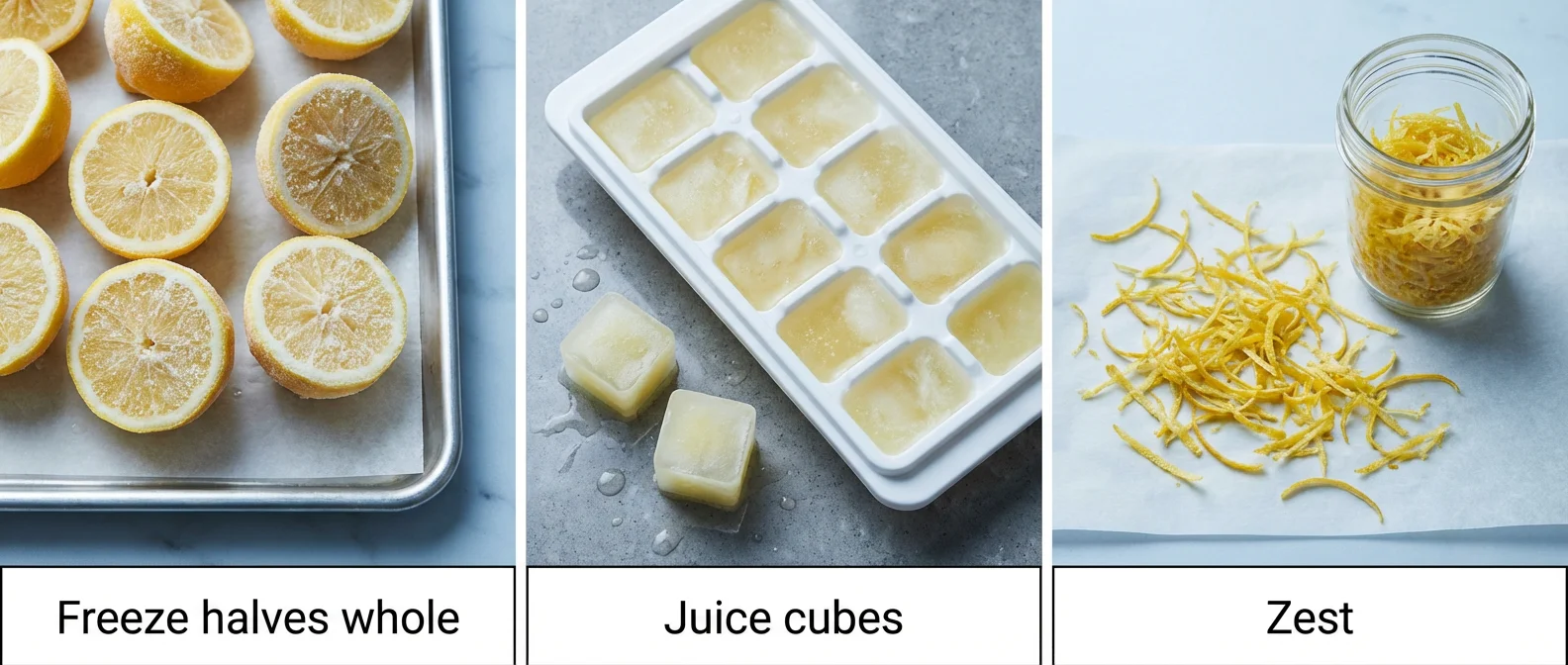 Three lemon freezing methods side by side: frozen lemon halves on baking sheet, lemon juice ice cubes in silicone tray, and freeze-dried lemon zest in glass jar