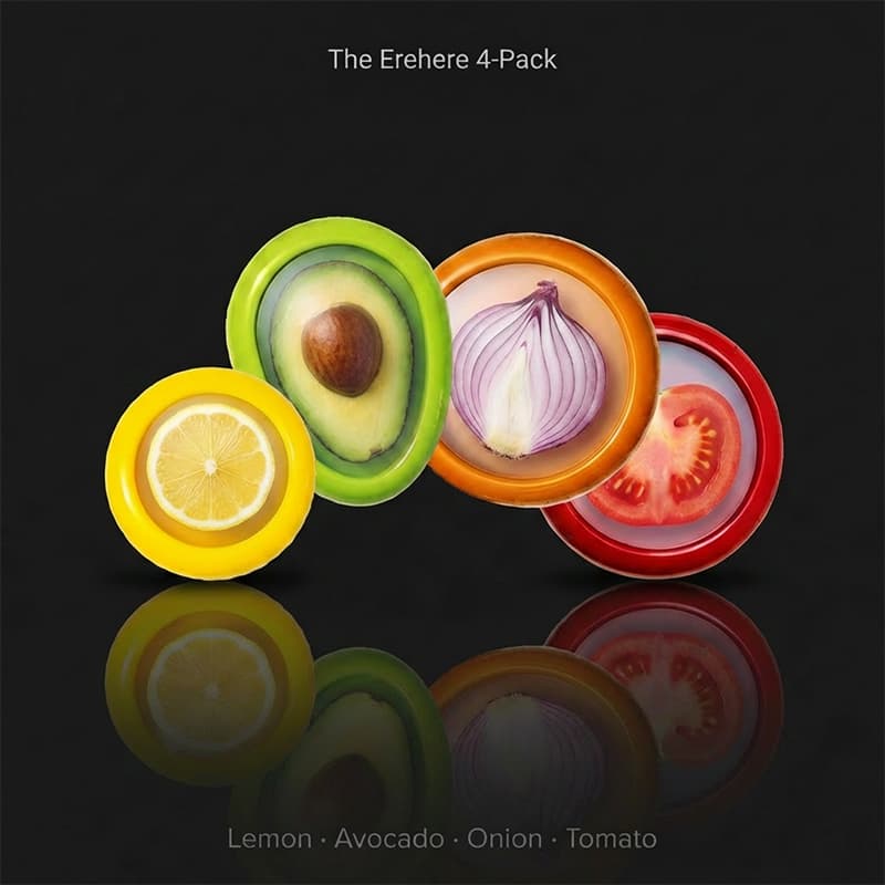 Erehere 4-Pack silicone food savers &mdash; yellow lemon keeper, green avocado keeper, purple onion keeper, and red tomato keeper on dark background