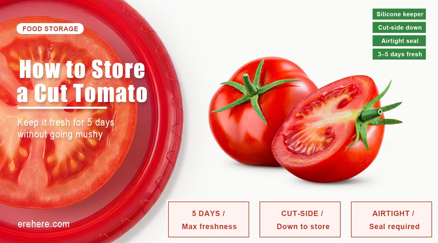 How to store a cut tomato — five storage methods tested side by side on a white kitchen counter, showing fresh red tomato halves