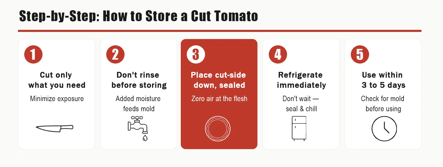Four-step illustrated process for storing a cut tomato &mdash; patting dry, placing cut-side down, sealing container, refrigerating on top shelf