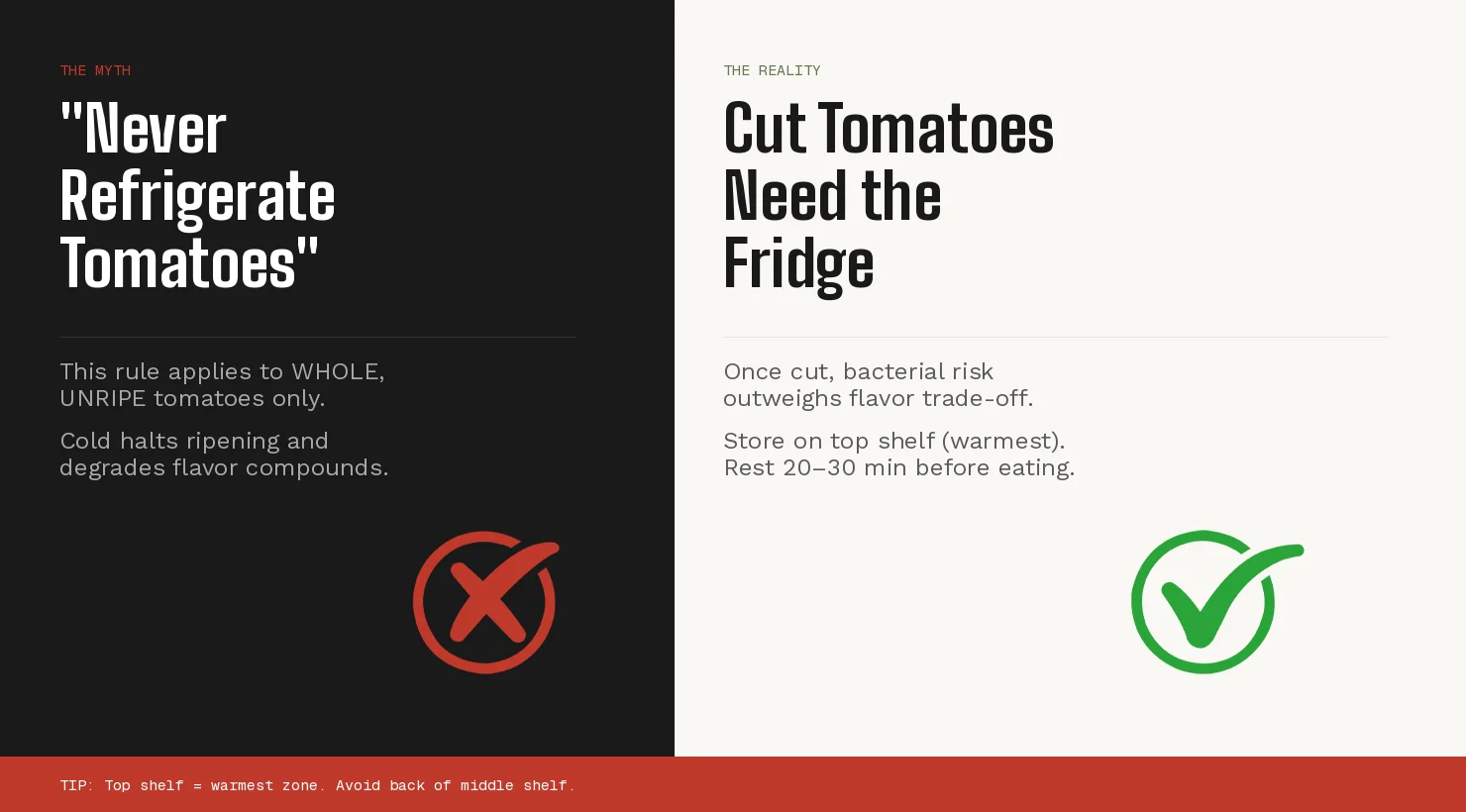 Split image comparing the refrigerate vs not refrigerate tomato myth &mdash; whole tomato on counter versus cut tomato properly sealed in fridge