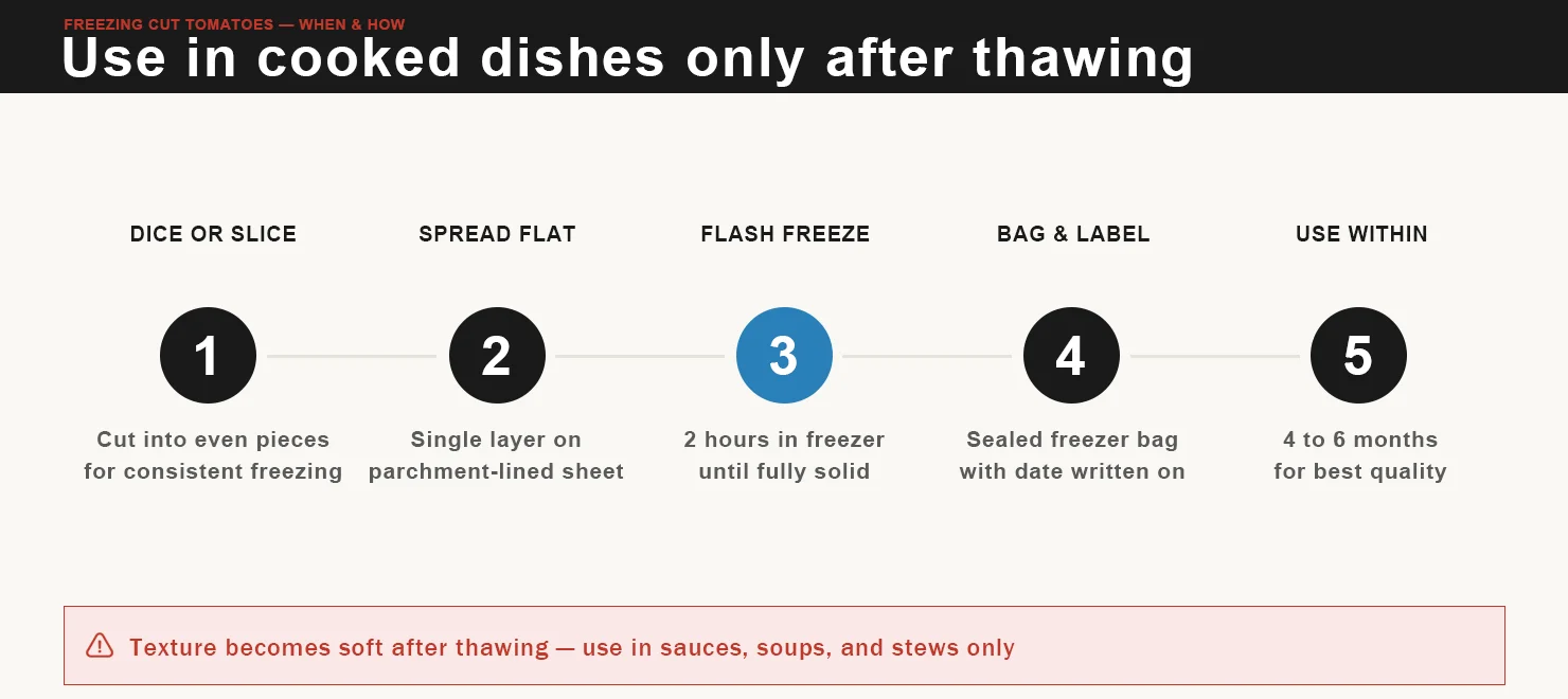 Five-step guide to freezing cut tomatoes &mdash; dicing, spreading flat, flash freezing, bagging, and labeling for storage up to 6 months