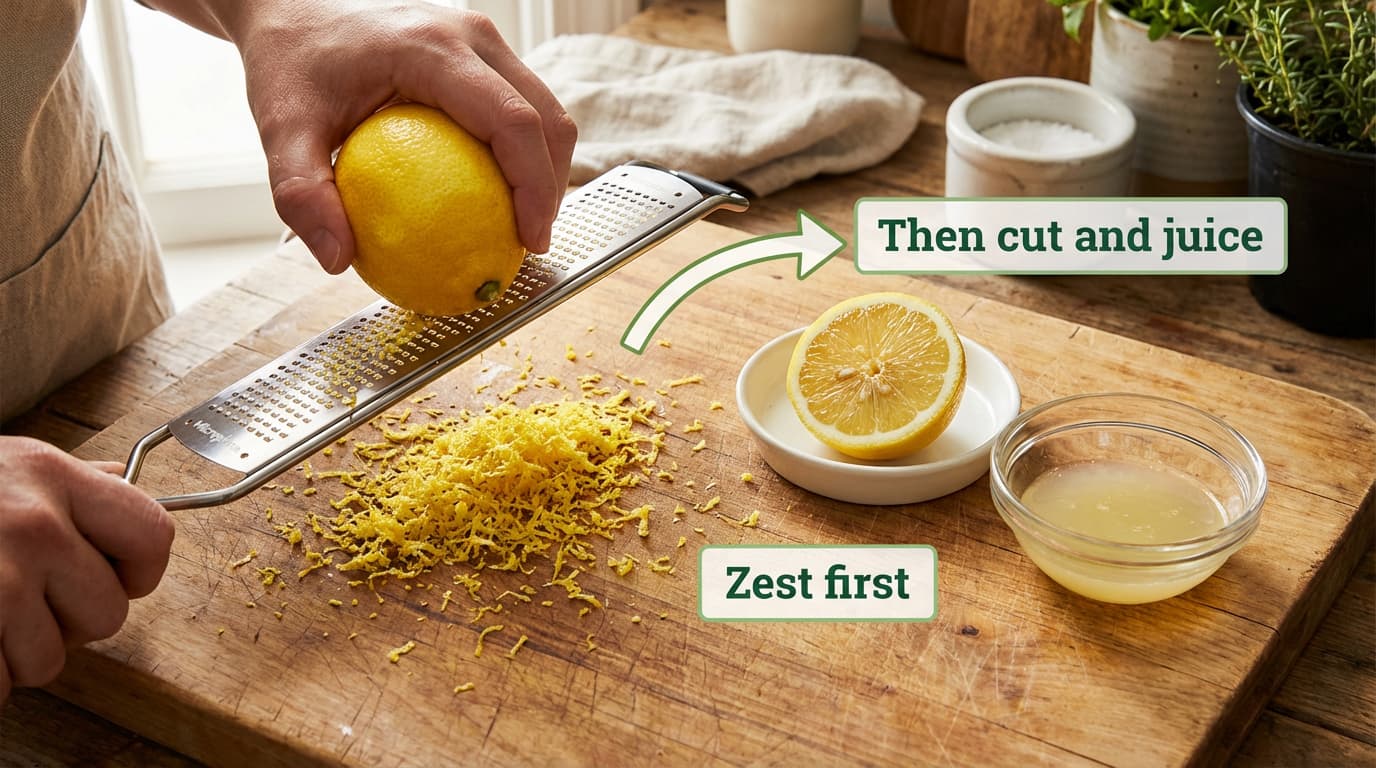 Lemon being zested with a Microplane on a wooden cutting board, with callout labels showing the correct order: zest first, then cut and juice