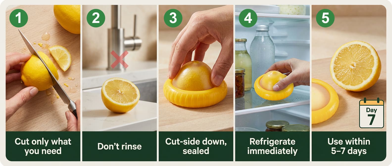 5-step visual guide to storing a cut lemon: cut only what you need, don't rinse, place cut-side down in silicone keeper, refrigerate immediately, use within 5 to 7 days
