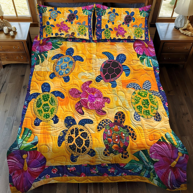 Hibiscus Turtle 3-Piece Quilted Bedding Set-Jolura