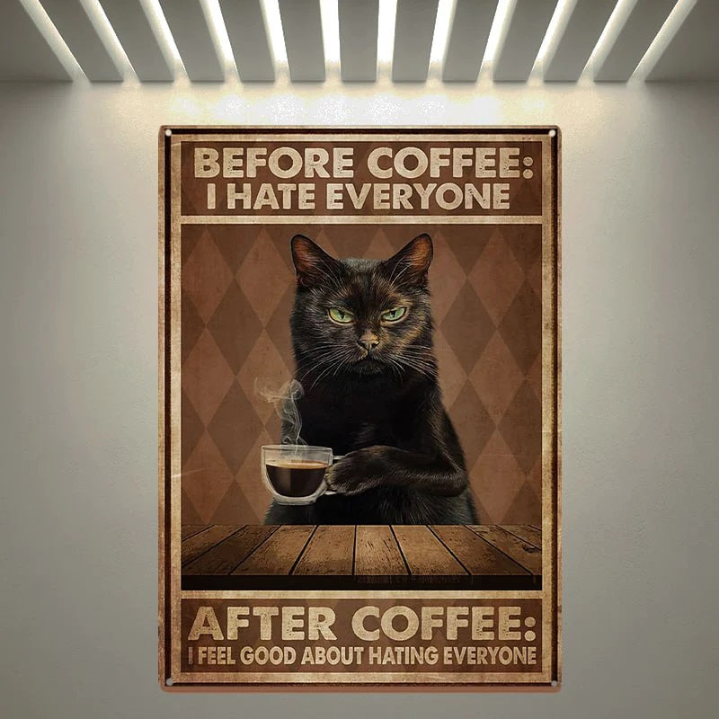 Funny Cat Coffee Metal Sign, Vintage Kitchen Signs, Wall Decor, Home Bar Cafe Decorations-Jolura