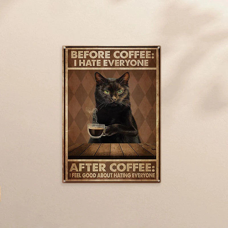Funny Cat Coffee Metal Sign, Vintage Kitchen Signs, Wall Decor, Home Bar Cafe Decorations-Jolura
