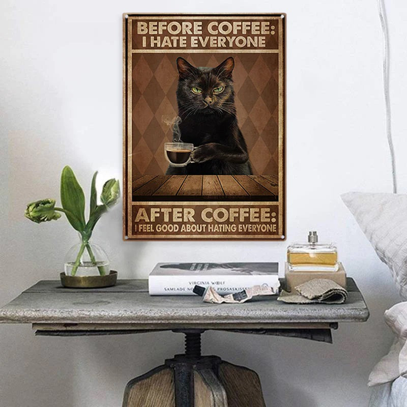 Funny Cat Coffee Metal Sign, Vintage Kitchen Signs, Wall Decor, Home Bar Cafe Decorations-Jolura