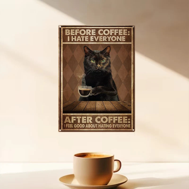 Funny Cat Coffee Metal Sign, Vintage Kitchen Signs, Wall Decor, Home Bar Cafe Decorations-Jolura