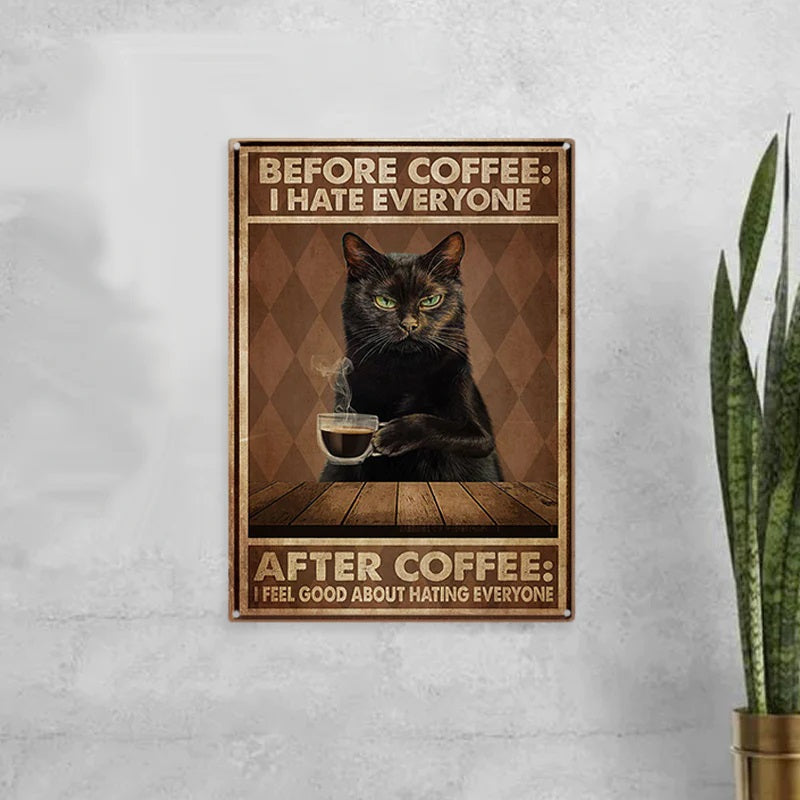 Funny Cat Coffee Metal Sign, Vintage Kitchen Signs, Wall Decor, Home Bar Cafe Decorations-Jolura