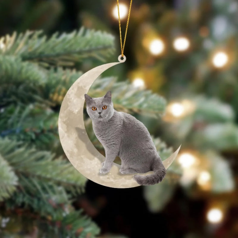 British Shorthair Cat Sits On The Moon Hanging Ornament CS027