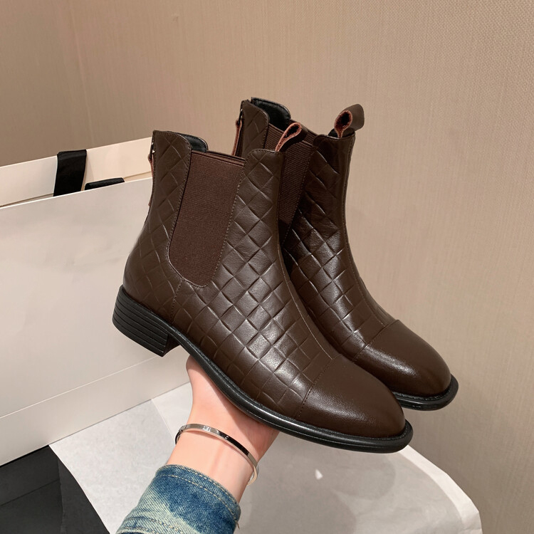 Diferel Women's retro plaid low-heeled ankle boots