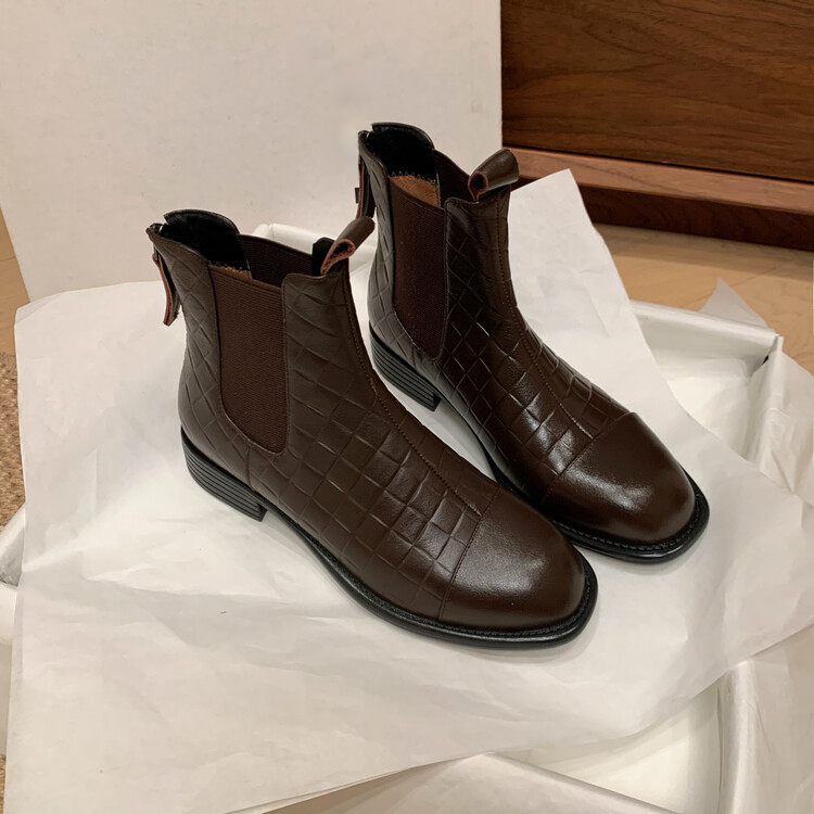 Diferel Women's retro plaid low-heeled ankle boots