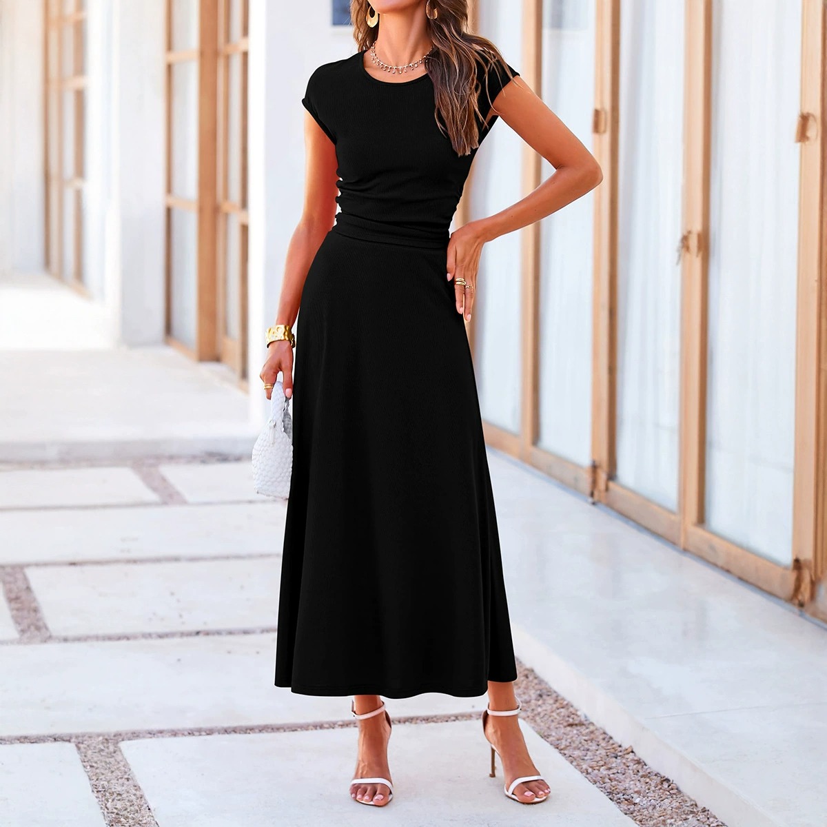 🔥HOT SALE🔥Women's Summer Elegant Casual Knitted Short Sleeve Top High Waist Midi Skirt Two-piece Set(BUY 2 FREE SHIPPING)