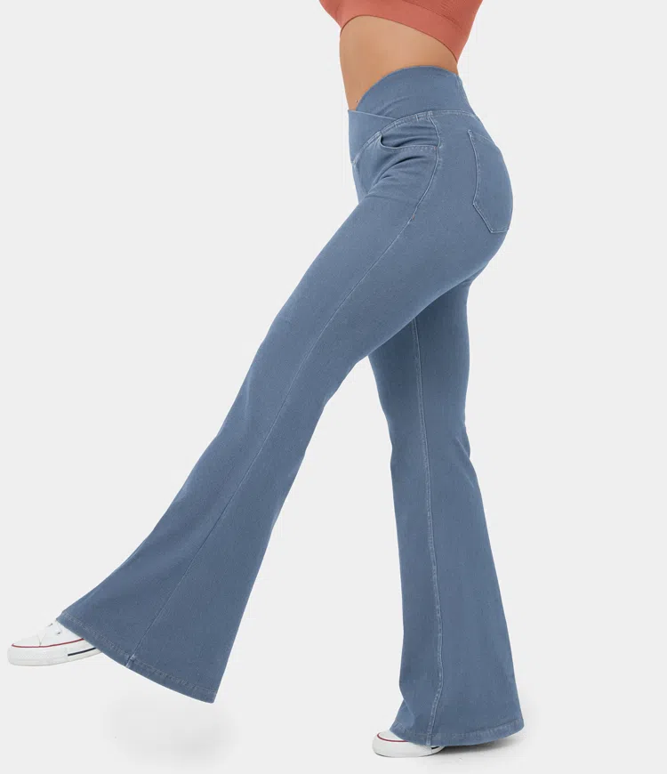 High Waisted Crossover Pocket Cool Touch Breathable Washed Stretchy Knit Denim Casual Super Flare Pants