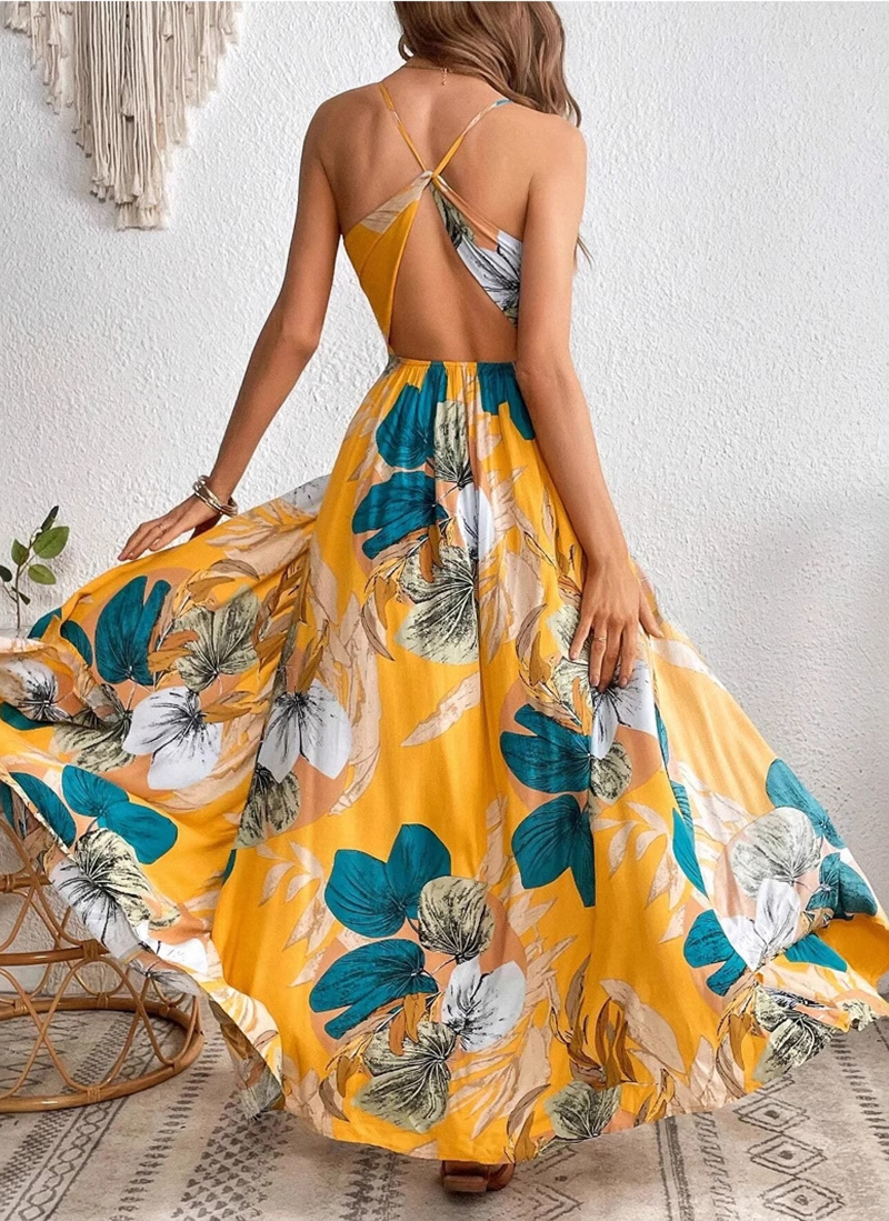 Tropical Print Drawstring Split Thigh Backless Halter Dress（BUY 2 FREE SHIPPING)