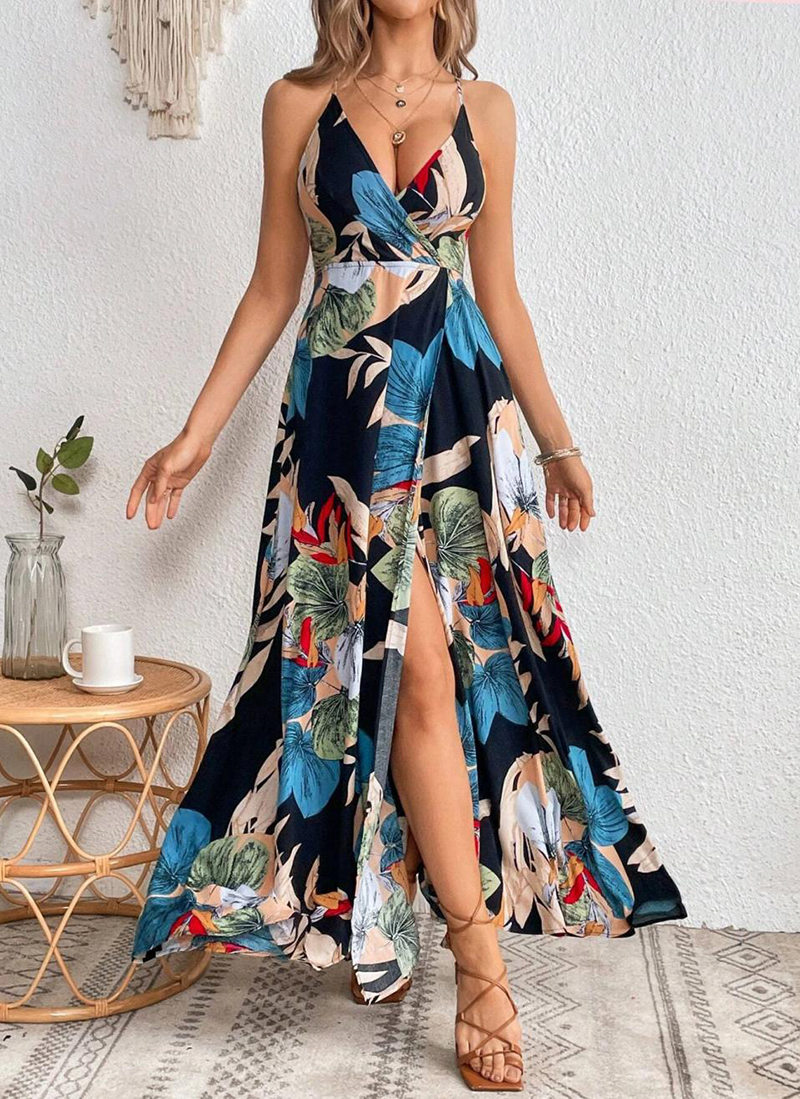 Tropical Print Drawstring Split Thigh Backless Halter Dress（BUY 2 FREE SHIPPING)