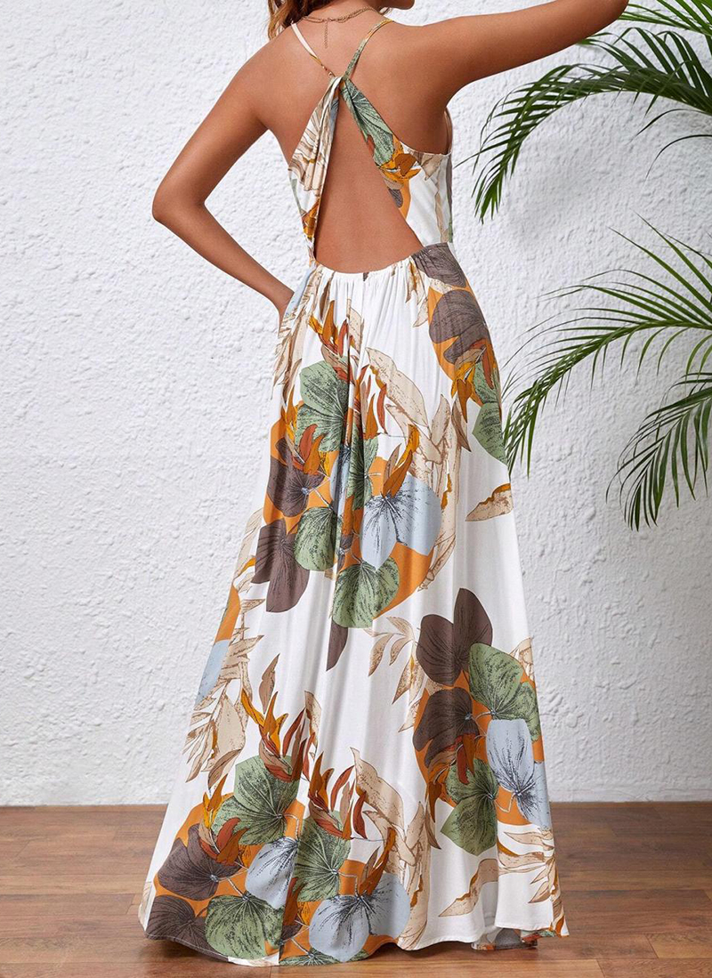 Tropical Print Drawstring Split Thigh Backless Halter Dress（BUY 2 FREE SHIPPING)