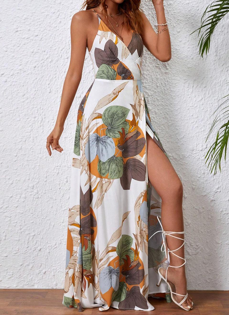 Tropical Print Drawstring Split Thigh Backless Halter Dress（BUY 2 FREE SHIPPING)