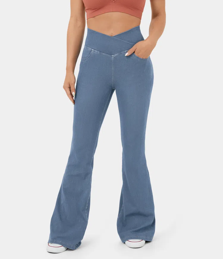 High Waisted Crossover Pocket Cool Touch Breathable Washed Stretchy Knit Denim Casual Super Flare Pants