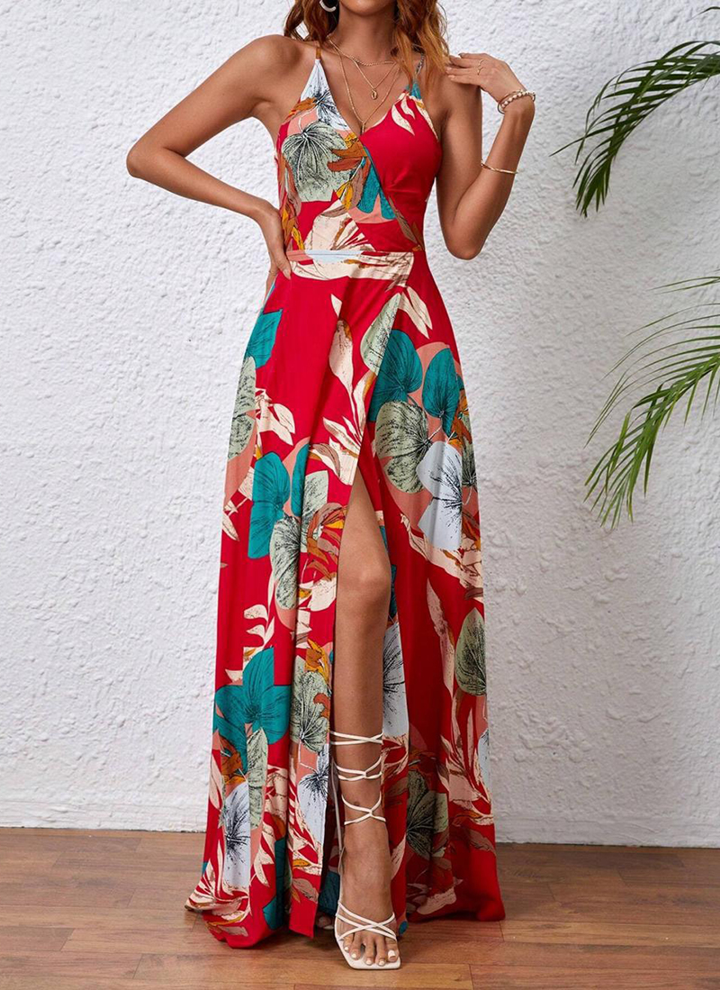 Tropical Print Drawstring Split Thigh Backless Halter Dress（BUY 2 FREE SHIPPING)