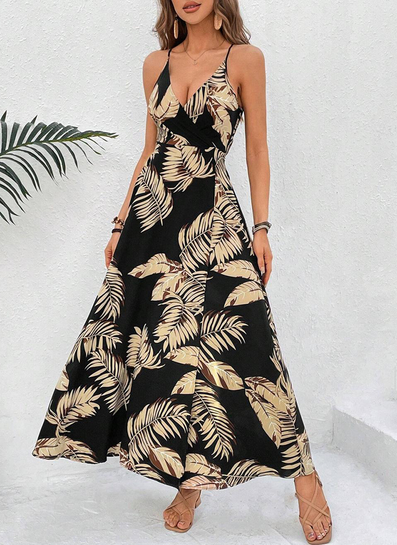 Tropical Print Drawstring Split Thigh Backless Halter Dress（BUY 2 FREE SHIPPING)
