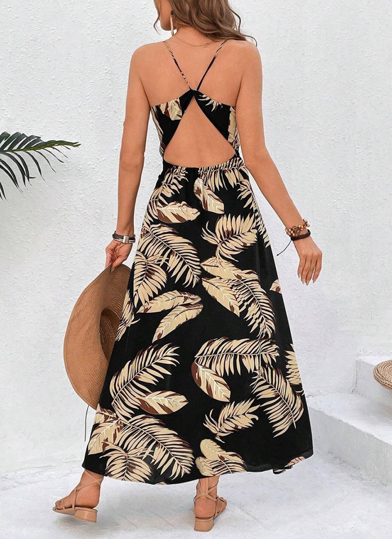 Tropical Print Drawstring Split Thigh Backless Halter Dress（BUY 2 FREE SHIPPING)
