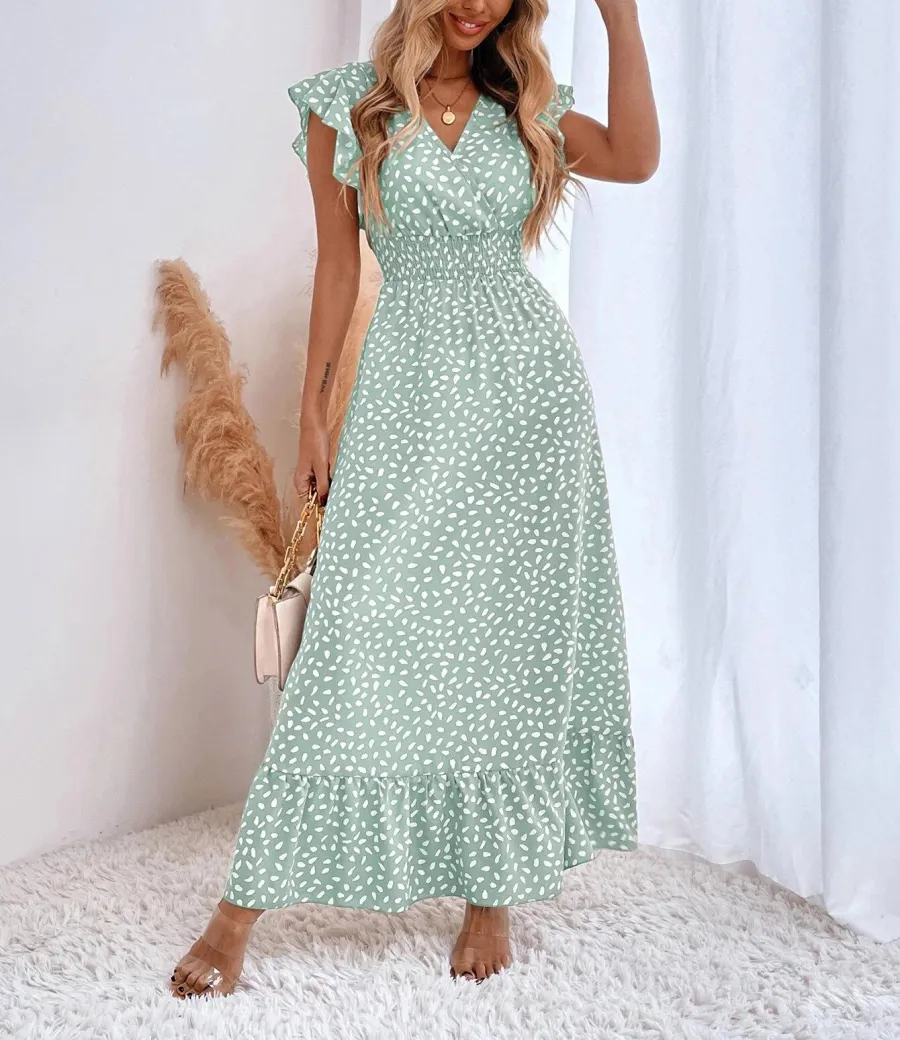 PRINT RUFFLE SLEEVE V NECK MAXI DRESS