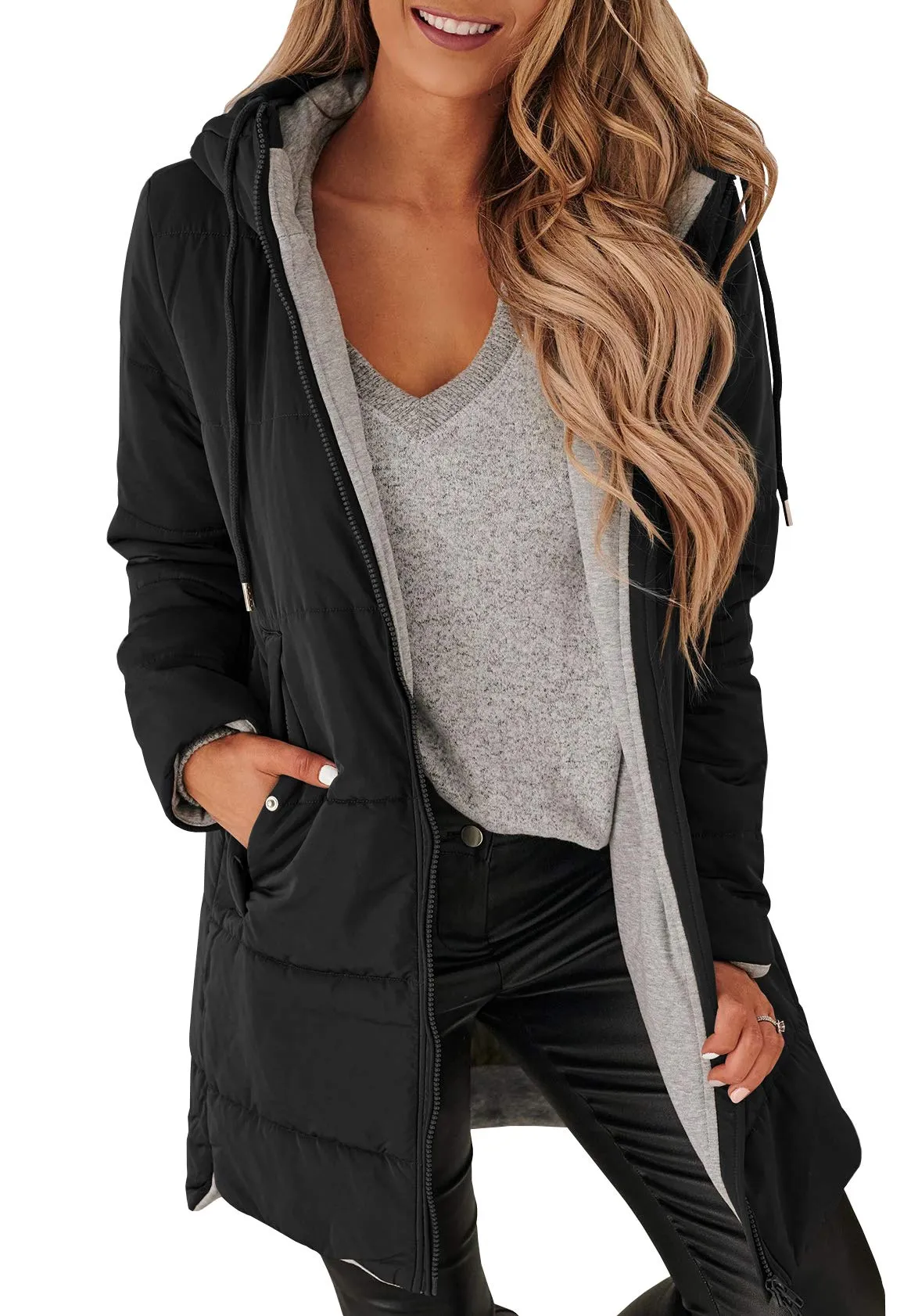 🔥🔥🔥🔥Women's Mid Quilted Jacket with Hood & Pockets