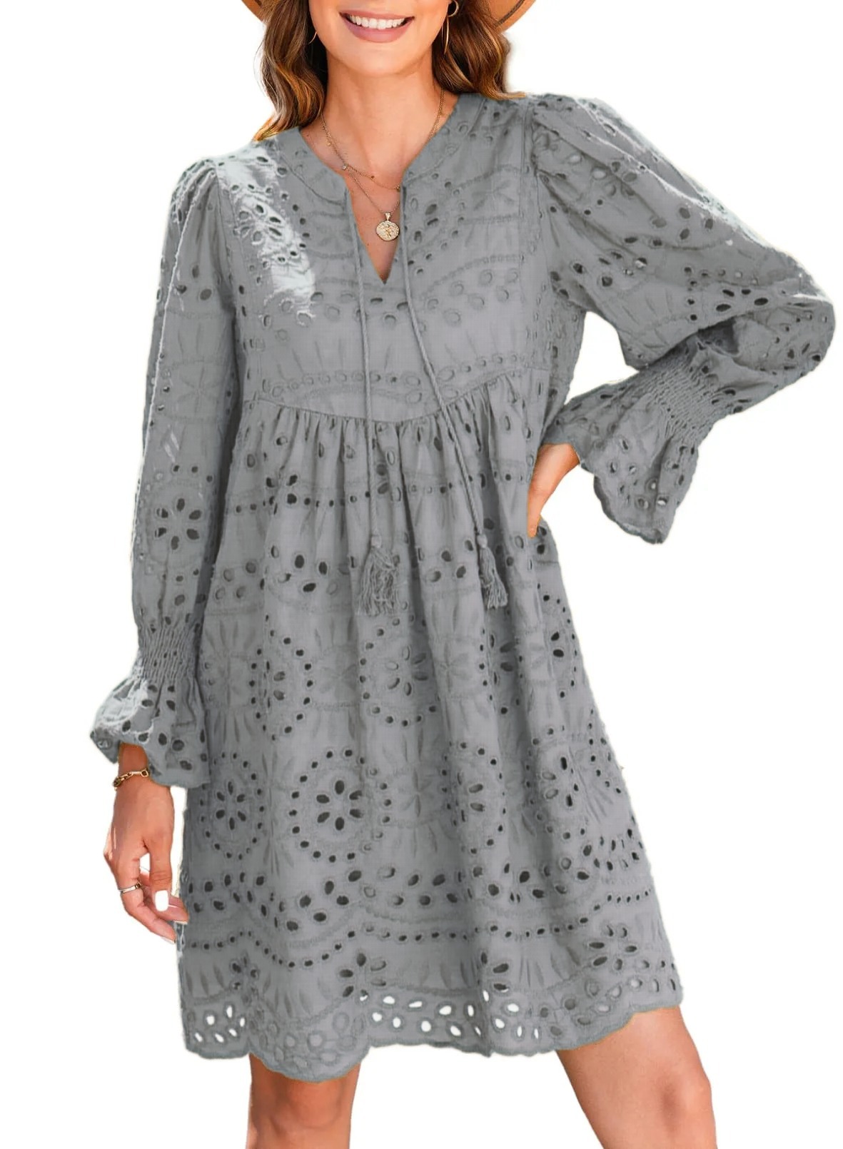 ✨Womens V Neck Long Sleeve Hollow Out Lace Ruffle Dresses(Buy 2 Free Shipping)