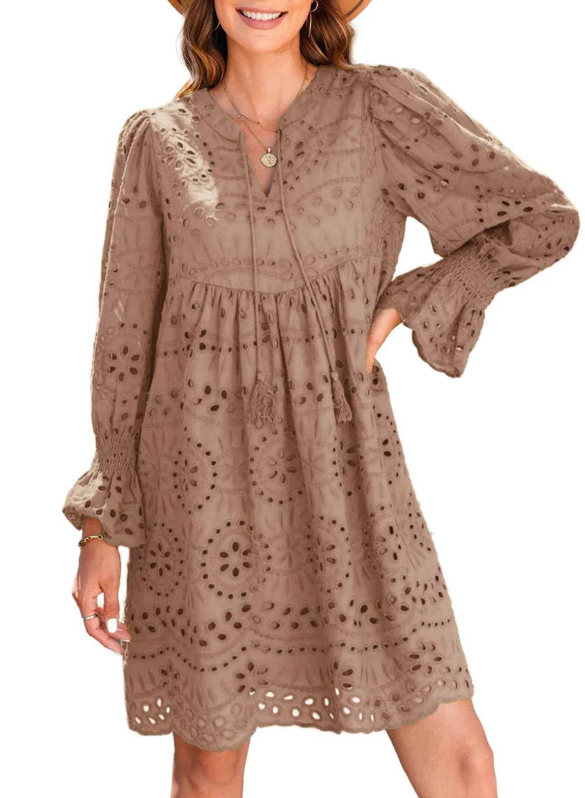 ✨Womens V Neck Long Sleeve Hollow Out Lace Ruffle Dresses(Buy 2 Free Shipping)